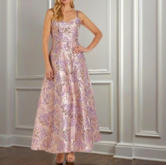 Evening metallic long gown floral pink purple gold strappy size 16W - Picture 1 of 13